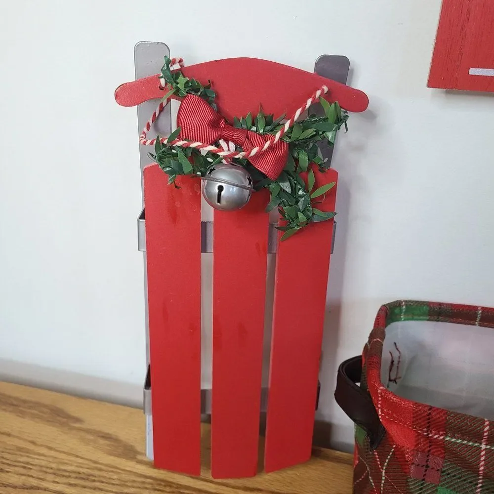 Christmas Holiday Home Decor Lot Includes Red Believe Sign Sleigh Flannel Basket